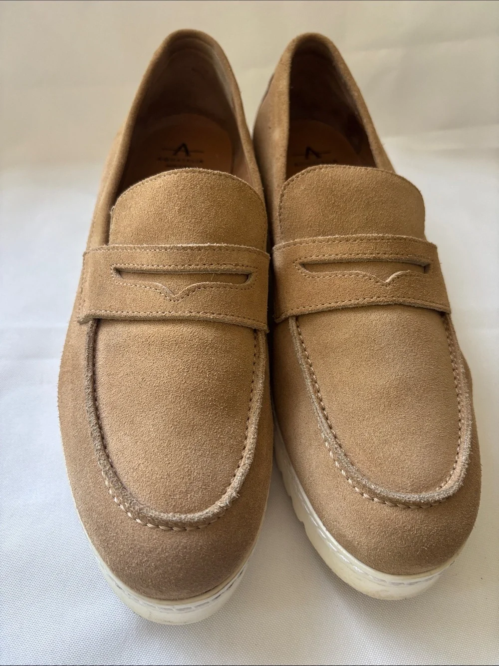 Aquatalia Suede Loafers in Light Tan with White Platform